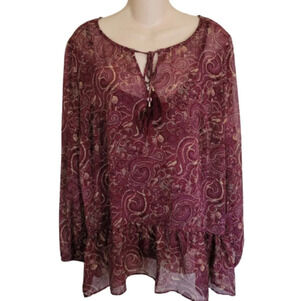 Rose & Olive Sheer Maroon Printed Top w/Tank Underneath Size Women's Medium